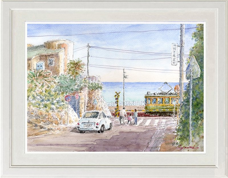 水彩画原画　江ノ電・鎌倉高校前踏切 15 - 海報/掛畫/掛布 - 紙 藍色