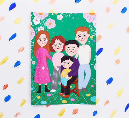 Daphne H.C. Shen 家庭系列 客製5人畫像 生日/全家福/家人/聖誕節/婚禮/情侶/Home