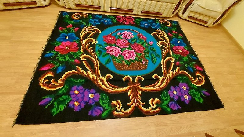 Vintage handwoven wool rug carpet. Romania Kilim Bessarabian Kilim. - พรมปูพื้น - ขนแกะ หลากหลายสี