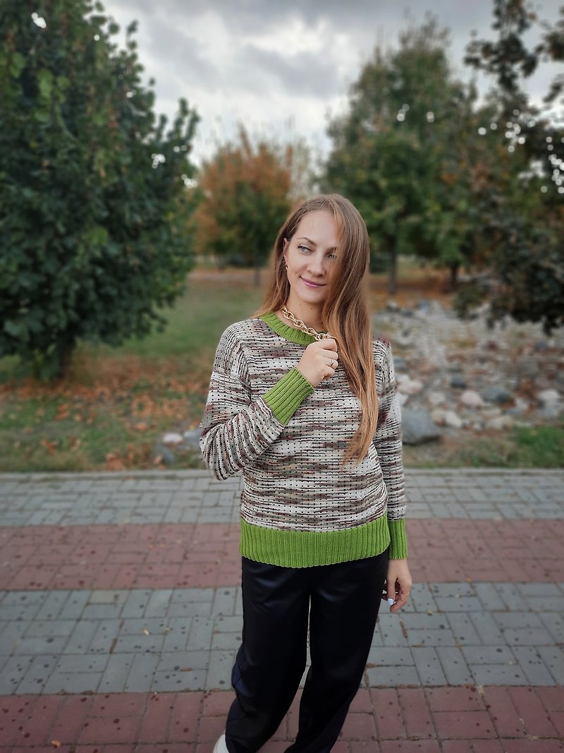 美しい手作りメランジ グリーン ニット セーター、女性の手編みの服 - ニット・セーター - その他の素材 グリーン