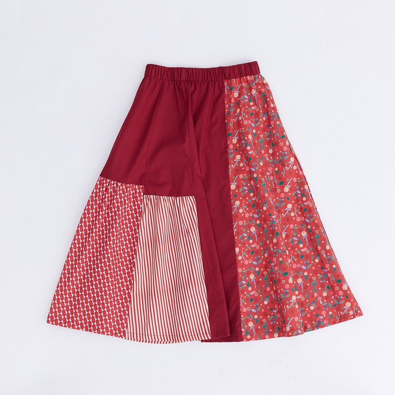 Splicing round flower skirt / round flower / colorful crimson - Skirts - Cotton & Hemp Multicolor