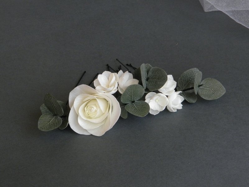 Floral bridal hair pins ivory Eucalyptus wedding hair piece Flowers hair pins fo - 髮夾/髮圈 - 其他材質 白色