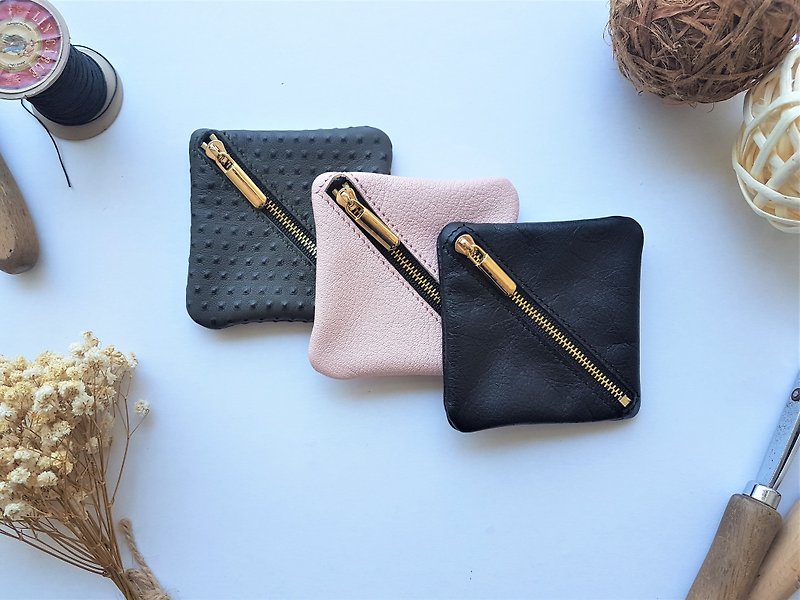 Genuine leather hand-made leather square zipper coin purse (free gift box packaging) - Coin Purses - Genuine Leather Black