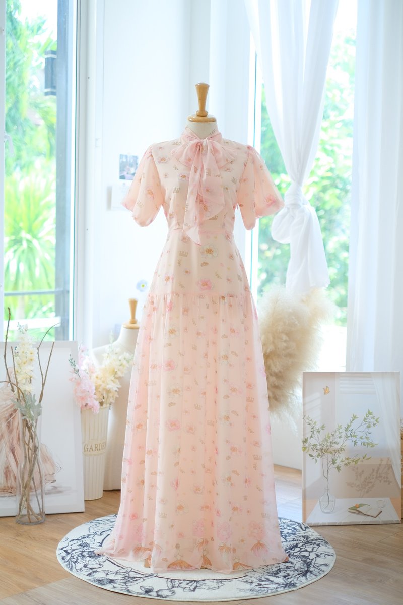 Pink floral bridesmaid dress Wedding guest dress Dolly sleeve dress - 洋裝/連身裙 - 聚酯纖維 粉紅色