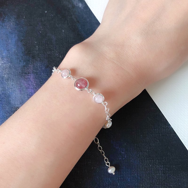 925-silver strawberry quartz & rose quartz bracelet - Bracelets - Crystal Pink