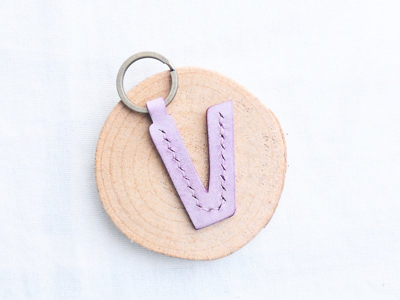 Initial V letter keychain - ash leather group well stitched leather material bag key ring Italy - Leather Goods - Genuine Leather Purple