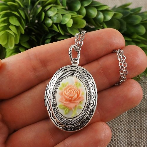 AGATIX Pink Rose Cameo Silver Oval Photo Locket Floral Pendant Necklace Woman Jewelry