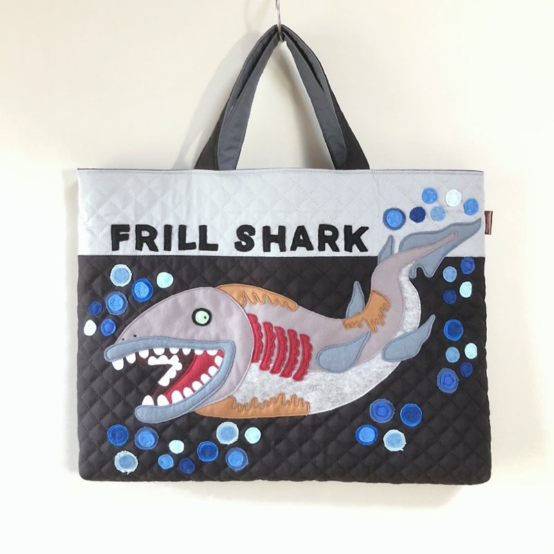 Picture Book Bag - Frilled Shark (Gray/Black) Appliqué - Boy - อื่นๆ - ผ้าฝ้าย/ผ้าลินิน สีเทา
