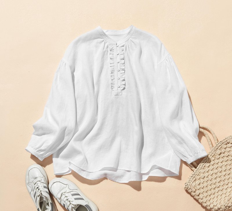 フロントフリルが可愛い フランチリネン100%　シャツブラウス　ホワイト　250913-1 - 女上衣/長袖上衣 - 棉．麻 白色