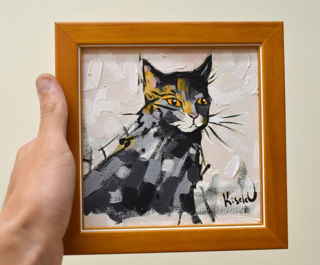 オリジナル油絵 猫の肖像 木製フレームとミニイーゼル付き