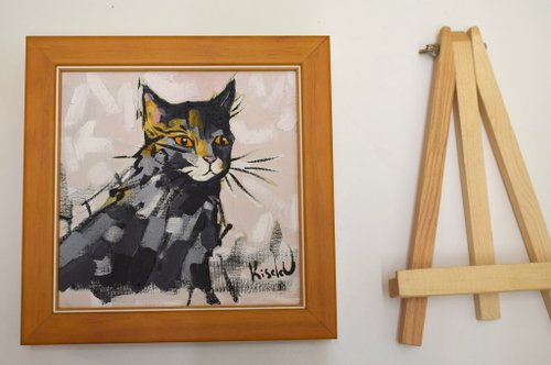 油絵　ネコ オリジナル油絵 猫の肖像 木製フレームとミニイーゼル付き