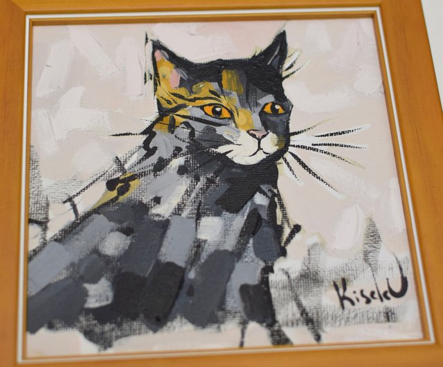 油絵　ネコ オリジナル油絵 猫の肖像 木製フレームとミニイーゼル付き