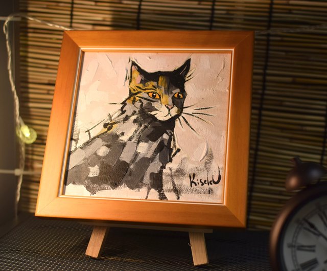 オリジナル油絵 猫の肖像 木製フレームとミニイーゼル付き