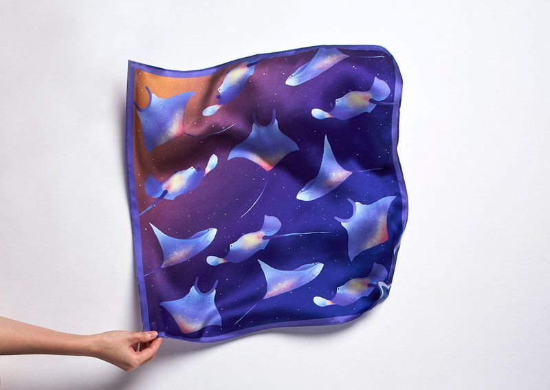 Ocean Silk Satin Scarf (Rays), Pure Silk Satin, Square Scarf - 絲巾 - 絲．絹 藍色