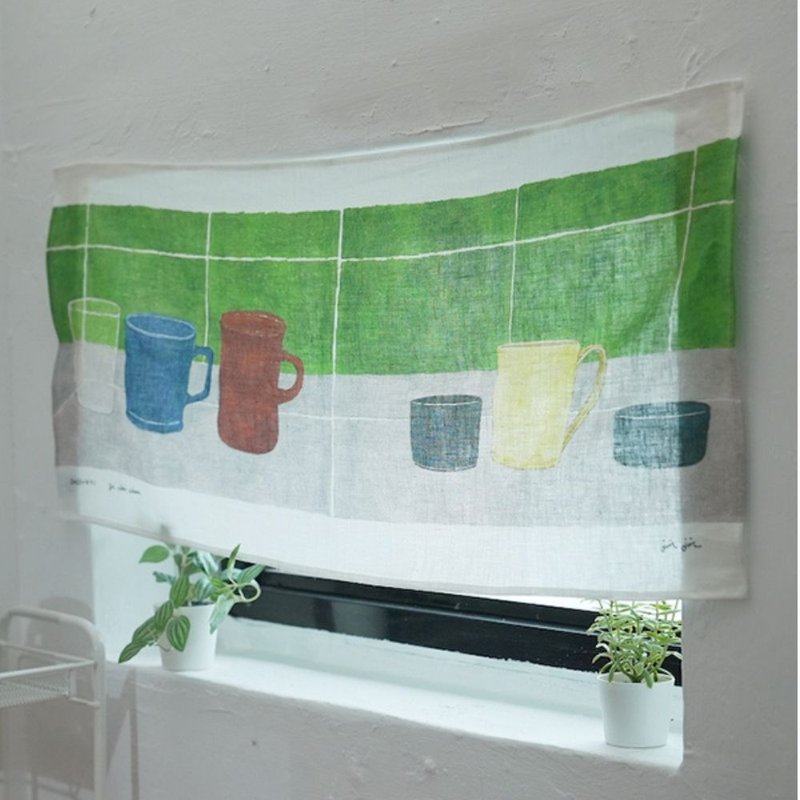 Natural linen living cloth-mug with green tiles - โปสเตอร์ - ลินิน สีใส