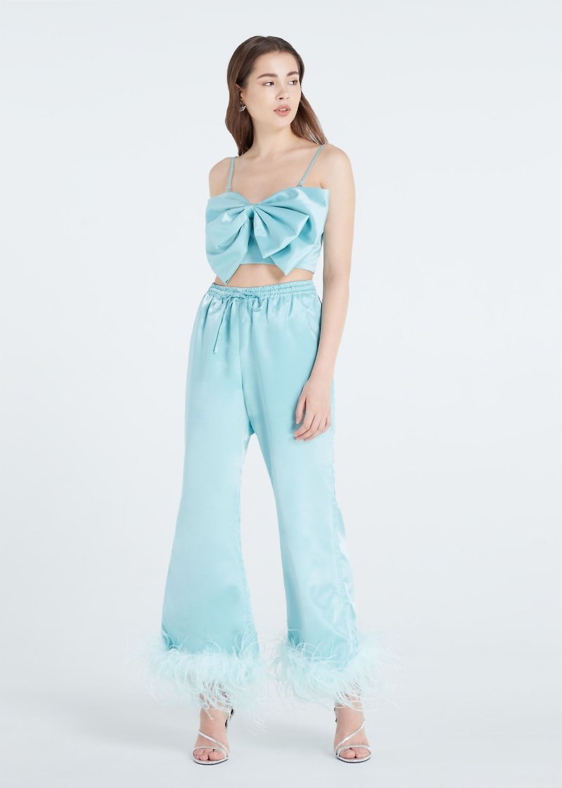 Jacky turquoise blue bow top and feathers boas pants for women - 睡衣/家居服 - 聚酯纖維 藍色