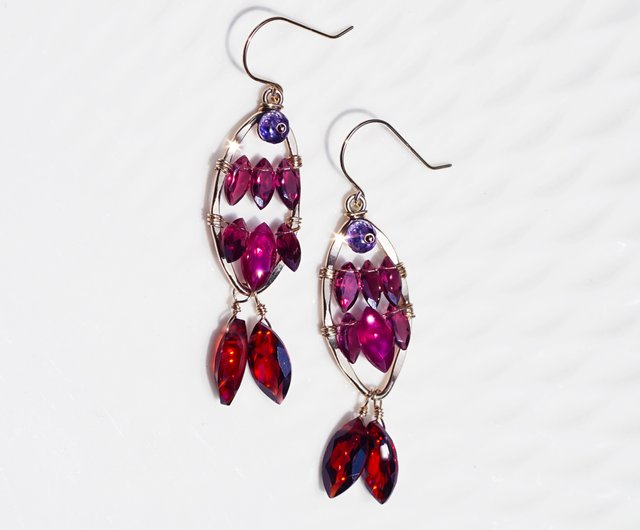 14KGF Garnet and Ruby Gemstone Fish Earrings Jewelry fish - 設計館