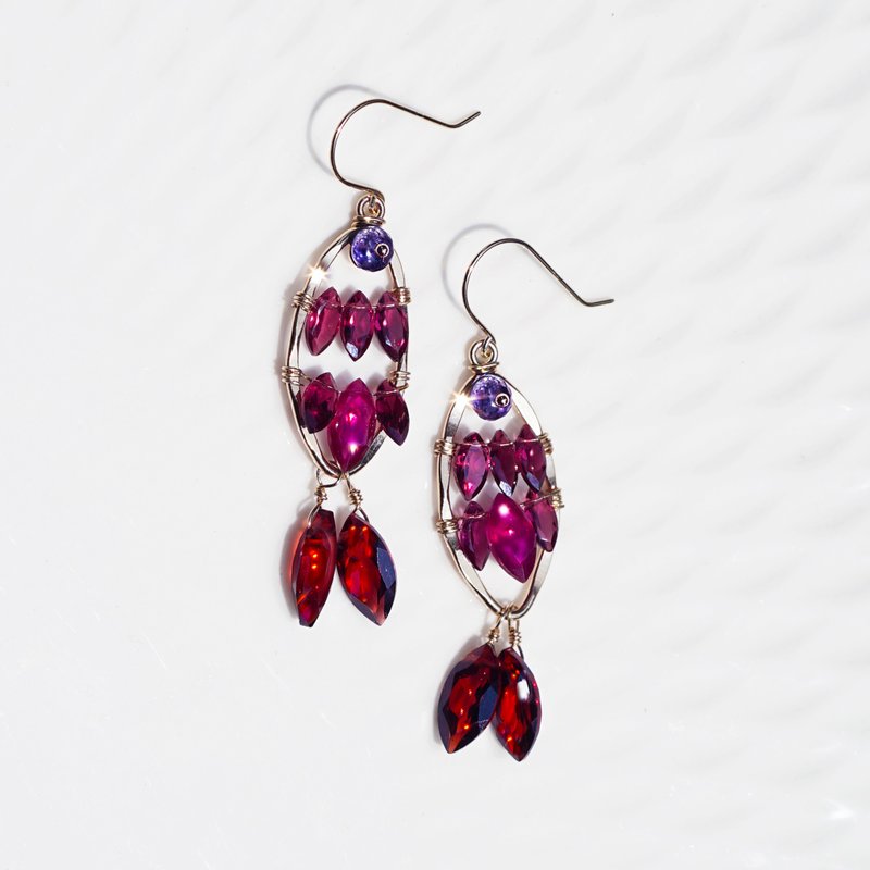 14KGF Garnet and Ruby Gemstone Fish Earrings Jewelry fish - ต่างหู - เครื่องเพชรพลอย สีแดง