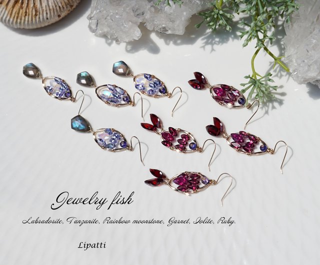 14KGF Garnet and Ruby Gemstone Fish Earrings Jewelry fish - 設計館