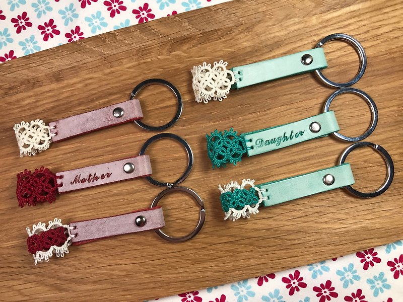 Tatted lace leather key chain- gift/tatting/handmade/leather/ring/customize - Keychains - Genuine Leather Multicolor