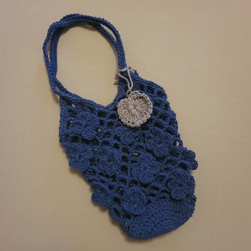 Cotton hand-crocheted hand-held eco-friendly cup set cup bag length blue custom - ถุงใส่กระติกนำ้ - ผ้าฝ้าย/ผ้าลินิน 