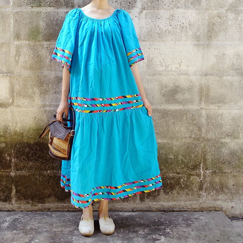 BajuTua / vintage / Mexican-American Southern style Brilliant Blue Rainbow Dress - ชุดเดรส - ผ้าฝ้าย/ผ้าลินิน สีน้ำเงิน