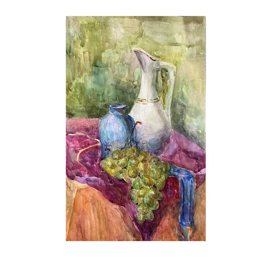 ArtLizzi 靜物與葡萄和水壺原畫水彩藝術品食品藝術