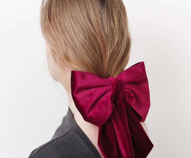 Burgundy Red Silk Hair Bow Barrette Clip -  UK