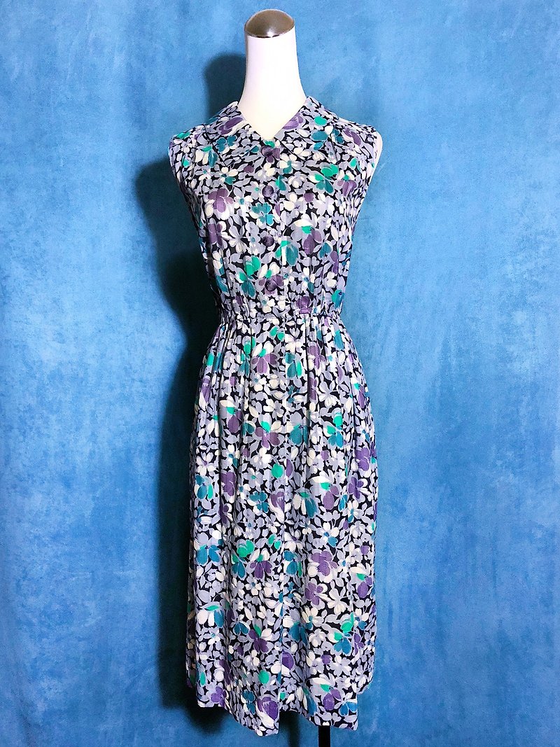 Cotton Flower Textured Sleeveless Vintage Dress / Bring back VINTAGE abroad - One Piece Dresses - Polyester Blue