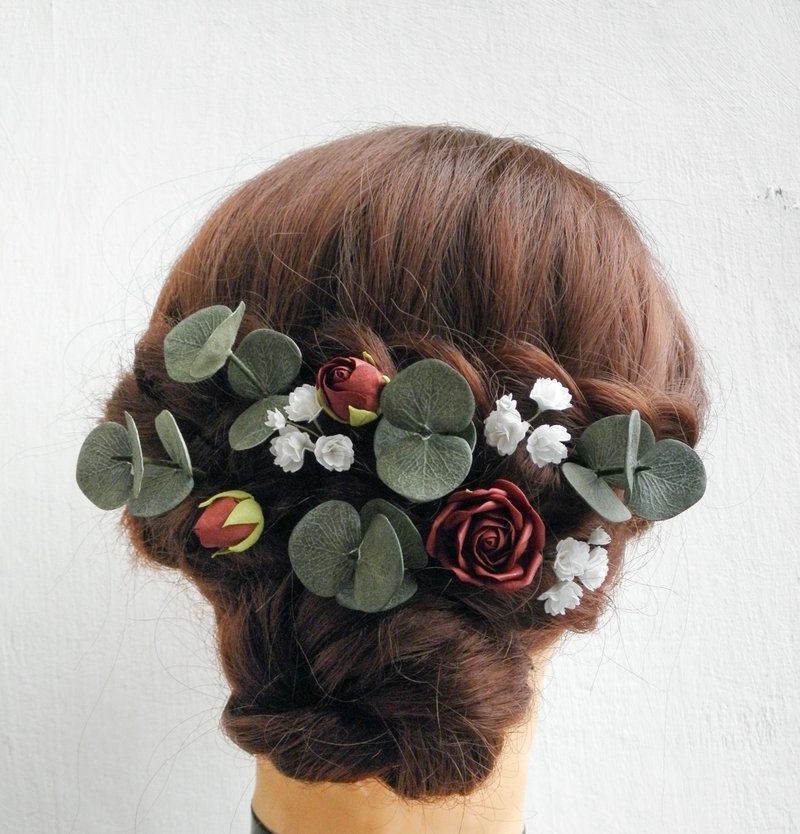 Burgundy flowers wedding hair pins Brial hair piece Floral hair clip bride - เครื่องประดับผม - วัสดุอื่นๆ สีแดง