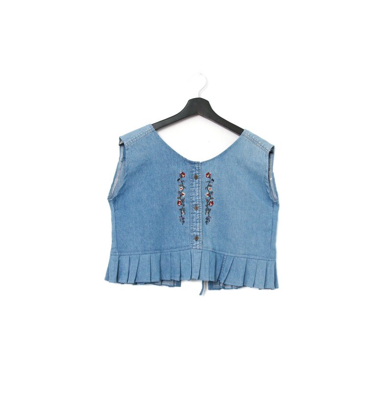 Back to Green-丹寧刺繡背心 紅色小花藤 dv-15 //vintage vest - 背心/無袖上衣 - 棉．麻 