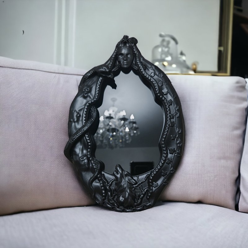 木彫りの不規則な壁鏡、黒い鏡、鏡のヘル、魔女の祭壇タイル - ウォールデコ・壁紙 - 木製 ブラック