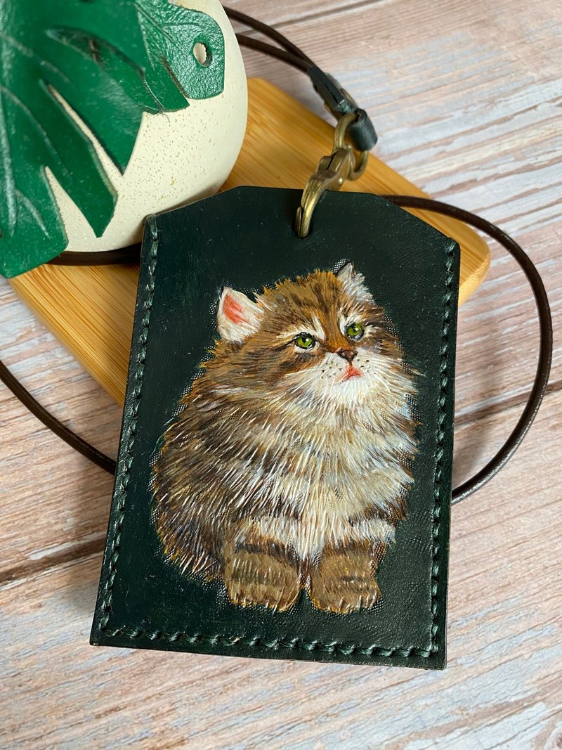 Leather carving - kitten ID holder + neck lanyard - ID & Badge Holders - Genuine Leather 