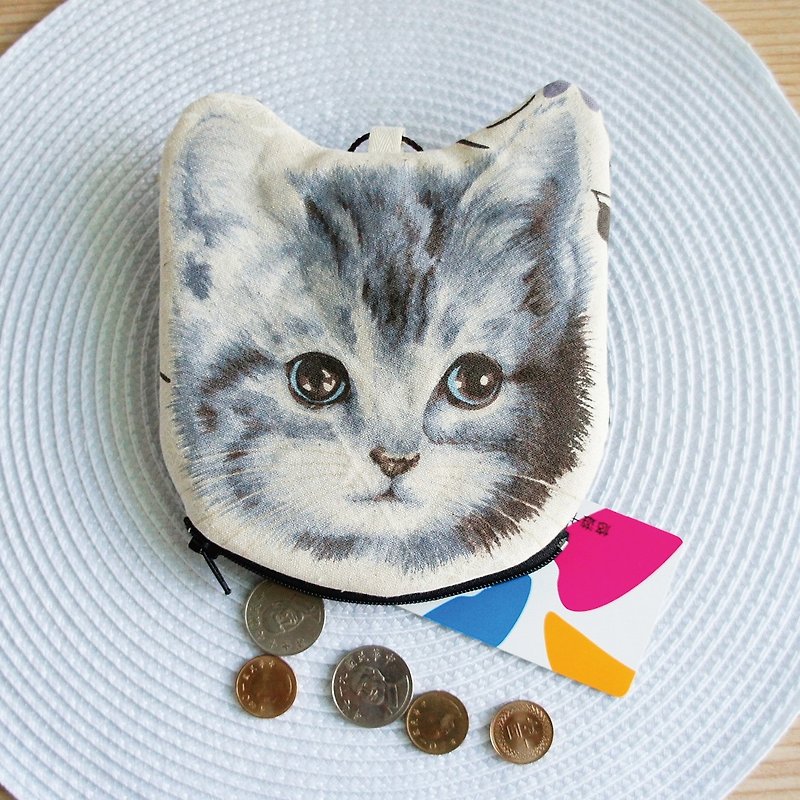 Lovely【日本布訂製】手繪風貓咪頭像零錢包、A款 - 零錢包/小錢包 - 棉．麻 黑色