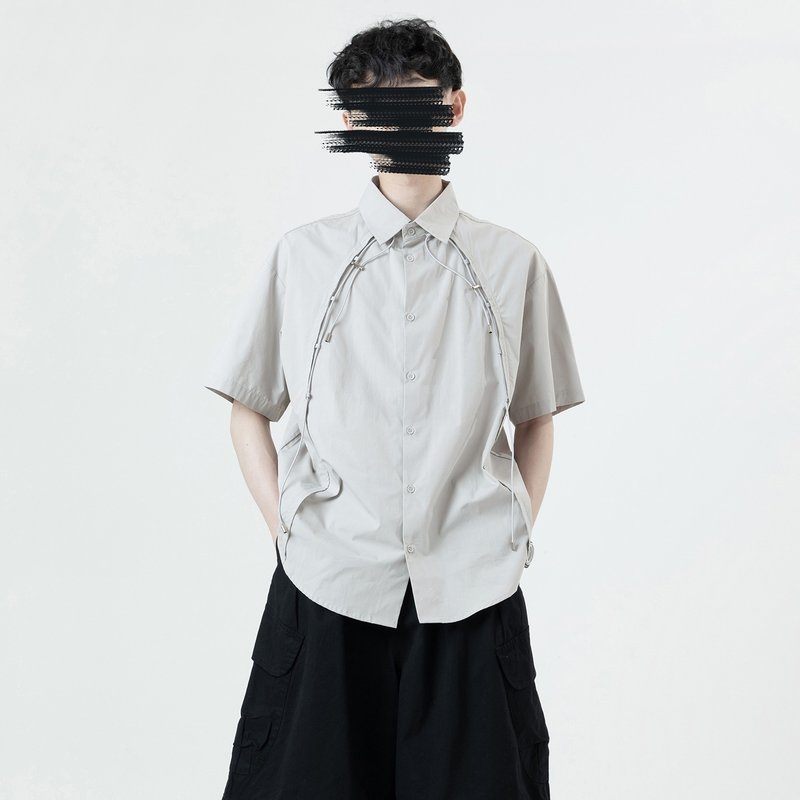 Workwear-style string shirt/grey/ - เสื้อเชิ้ตผู้ชาย - ผ้าฝ้าย/ผ้าลินิน สีเทา