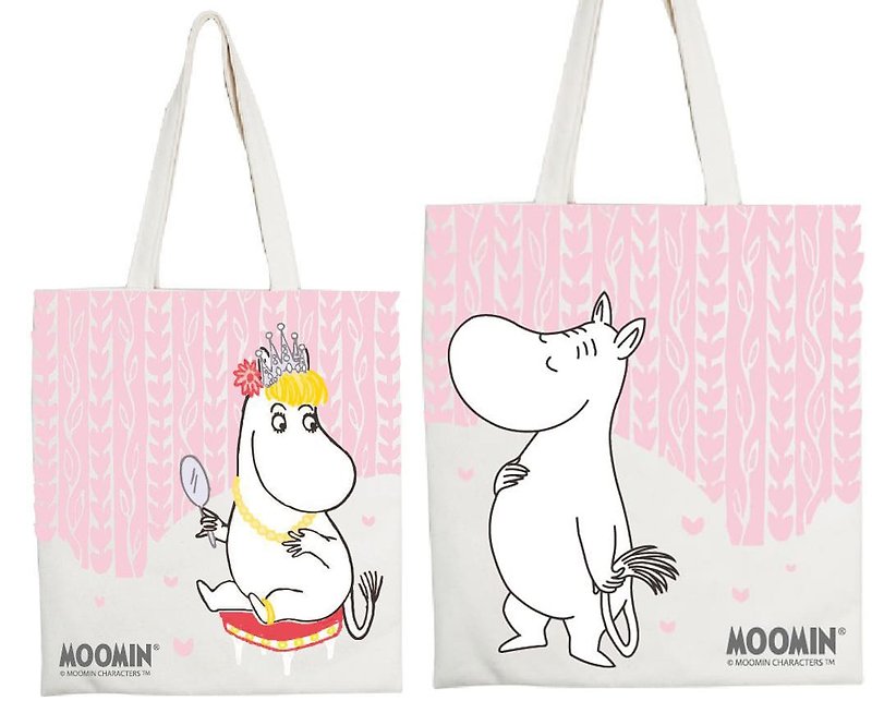Moomin authorization - pink heart - handheld shopping bag (beige / Linen Huang) - Handbags & Totes - Cotton & Hemp White