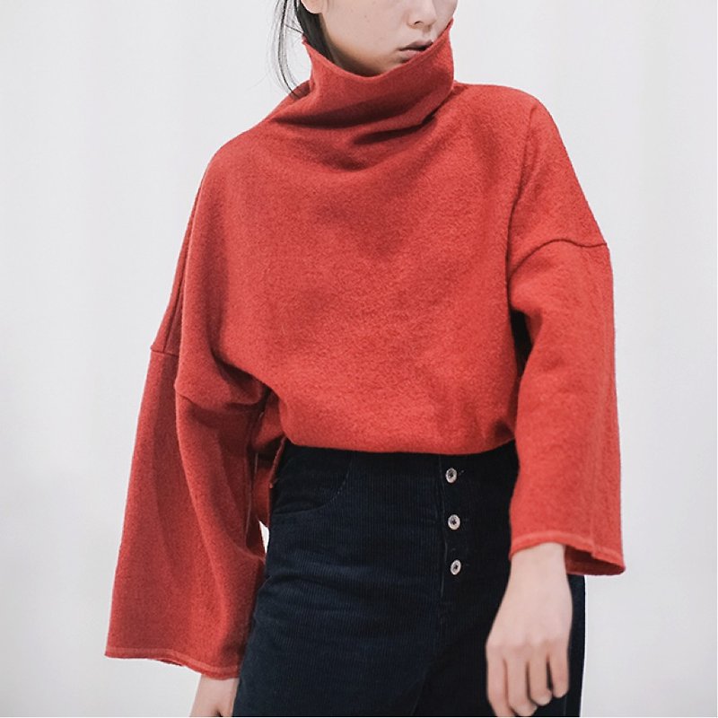 You have a coral red Christmas gift! Thick sleeve pullover wide 95% wool fabric composite high collar worn around two big profile of black and gray and white minimalist ultra-loose | Fan Tata original independent design women's brands - สเวตเตอร์ผู้หญิง - ขนแกะ สีแดง