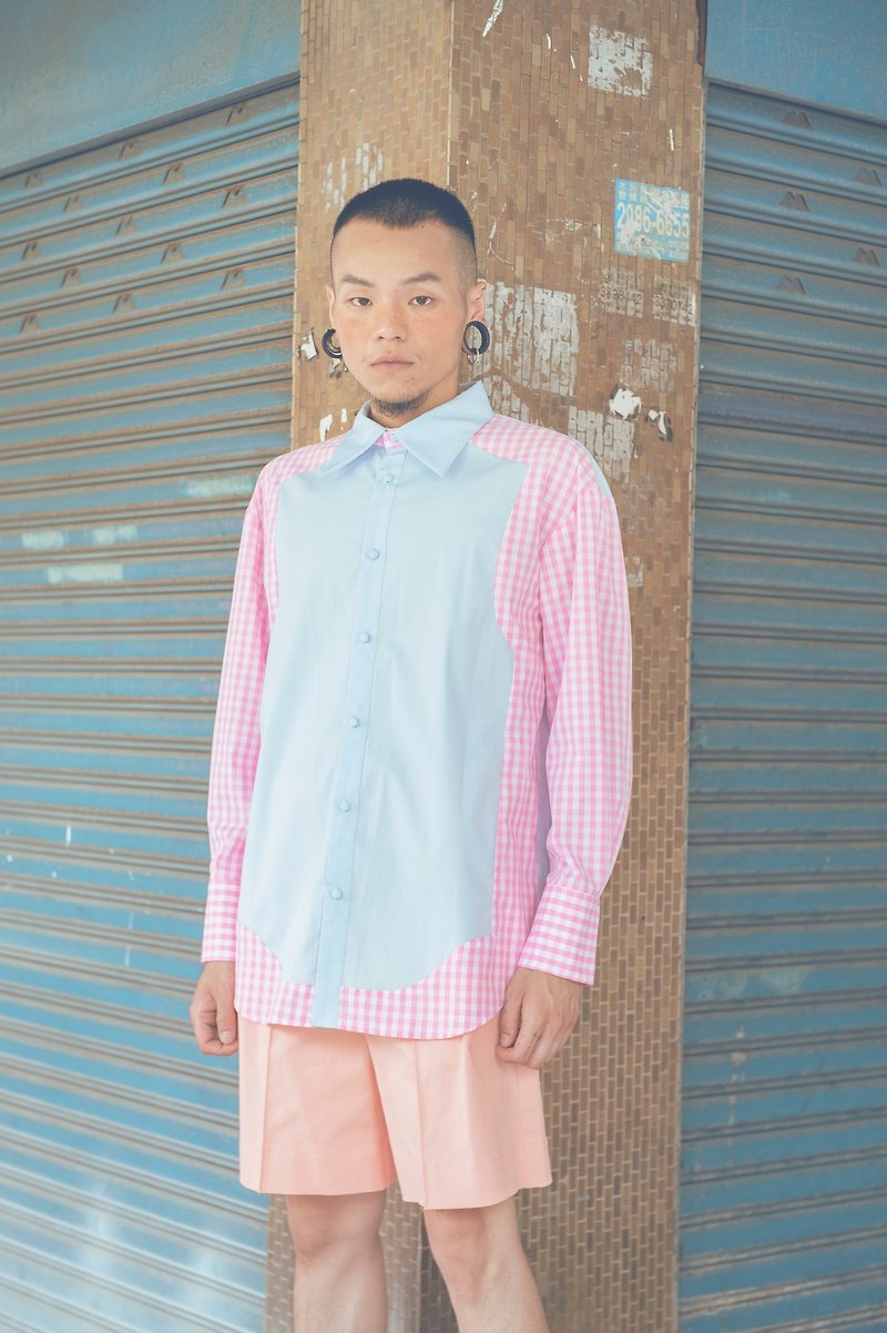 粉格紋剪接襯衫(191T01B) - 男襯衫/休閒襯衫 - 棉．麻 粉紅色