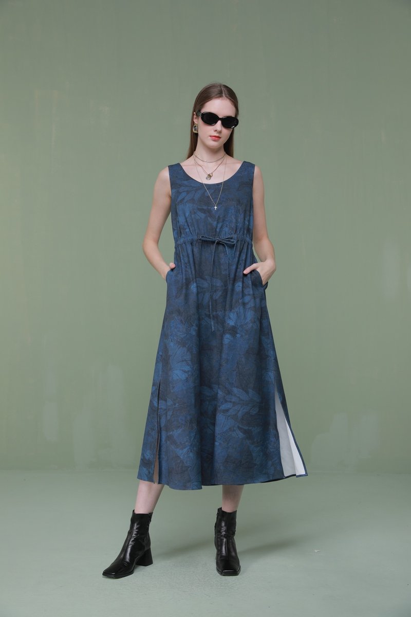 High-sense Imitation Denim Plant Print Casual Dress - One Piece Dresses - Cotton & Hemp Blue