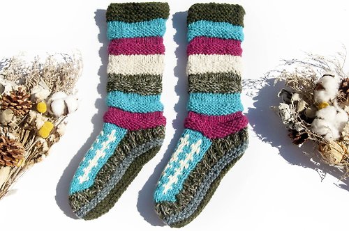 omhandmade 手織羊毛針織襪/條紋襪/羊毛鉤織長襪/保暖毛襪-南美洲藍莓水果茶