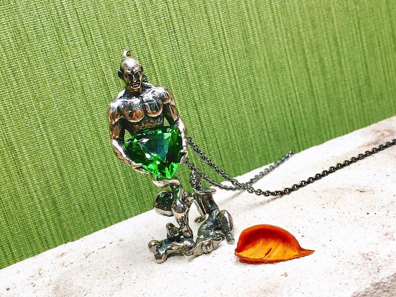 Exclusive Order-Elf and Aladdin Gem Necklace (Obsidian) - แหวนคู่ - เงินแท้ สีเขียว