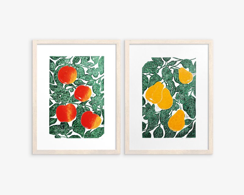 Gallery wall set of 2 Linocut print Yellow pears and red apples Farm kitchen art - Posters - Paper Green