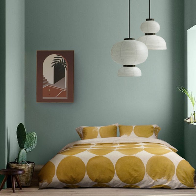 草稿芥末黃水墨圓點樣板房床上用品全套組合純棉四件套 - 床包/寢具 - 棉．麻 橘色