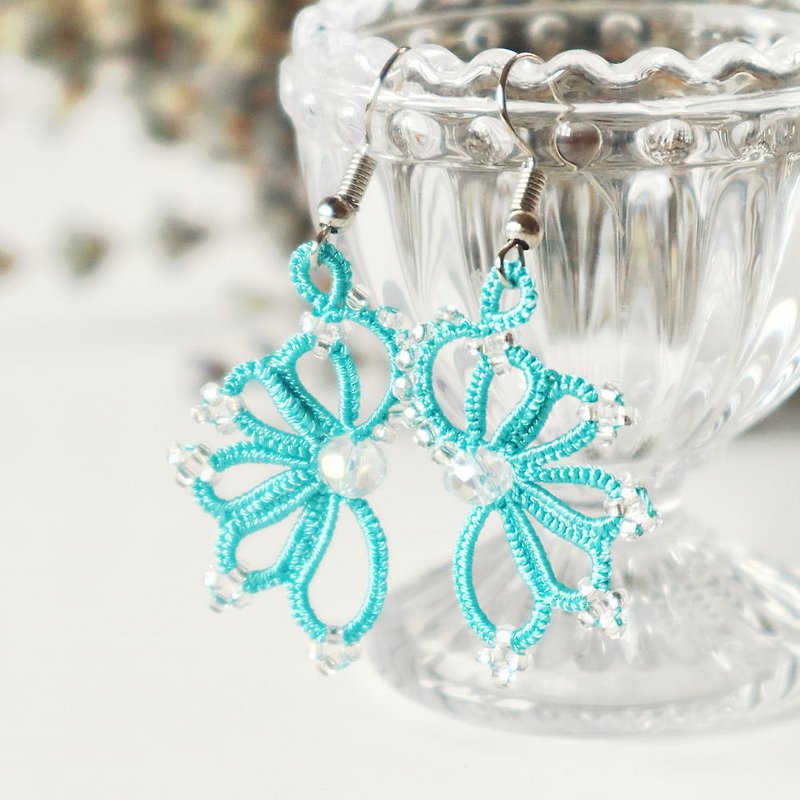 OYA Tatting lace Earrings - WING- Turquoise - ต่างหู - งานปัก สีน้ำเงิน