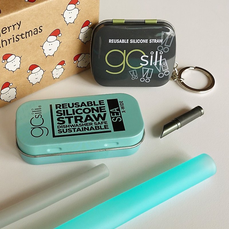 GoSili Christmas straw illustration gift box set-key ring gray + Zhen milk grass green with cutter*1 - หลอดดูดน้ำ - โลหะ 