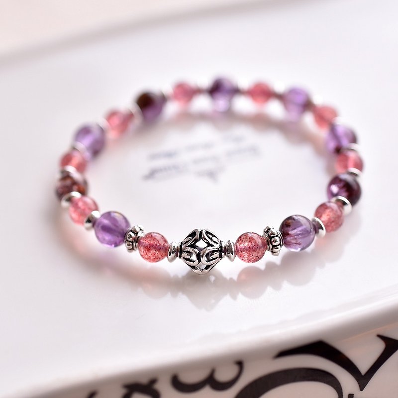 紫水晶+草莓晶+鏤空燈籠珠純銀手鍊 - 手鍊/手鐲 - 寶石 粉紅色