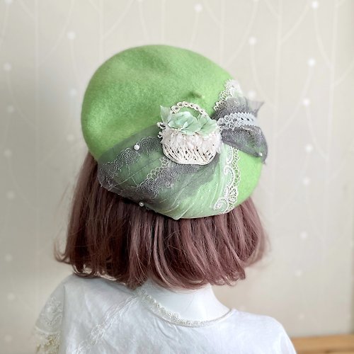 哈娜髮飾 Hanabi ~ 手工訂製飾品 貝蕾帽beret /青蘋果花籃 羊毛帽 刺繡蕾絲帽子 蓓蕾帽 畫家帽