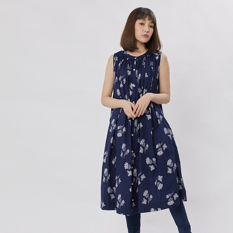 Birdie Floral Natural Cotton Print Maxi Shirt One-piece - ワンピース - コットン・麻 ブルー