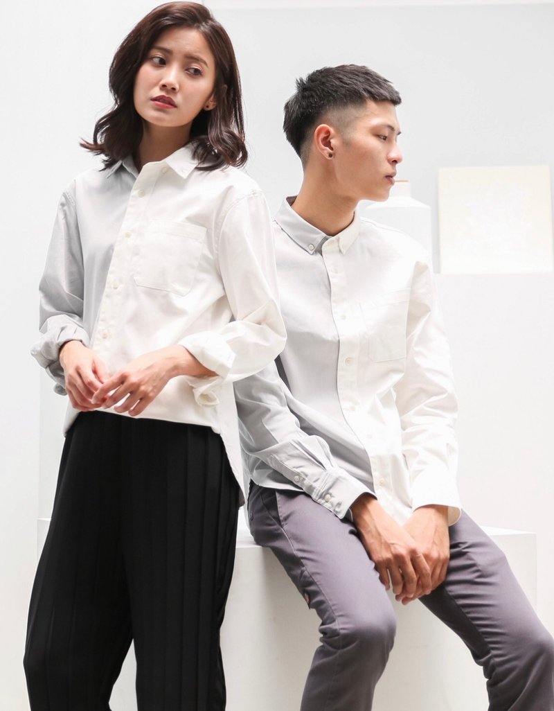 ステッチシャツグレーと白のステッチ長袖シャツニュートラルジェンダーニュートラルオリジナルブランド - シャツ メンズ - コットン・麻 ホワイト