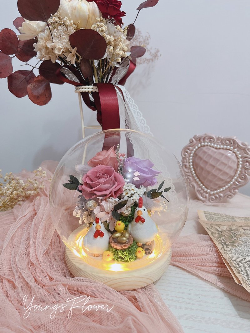 永生花帶路雞夜燈 莓果粉紫色 - 乾燥花/永生花 - 玻璃 紫色